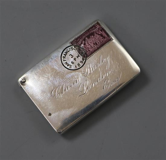 A late 19th century American? sterling silver and enamel envelope stamp case, 42mm.